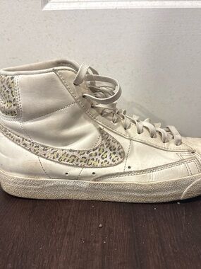 Nike Women's High-Top Sneakers in Cream with Leopard-Print Swoosh
